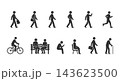 Black pedestrian pictogram icons set showing daily outdoor people activities like walking running cycling commuting and sitting on park bench 143623500
