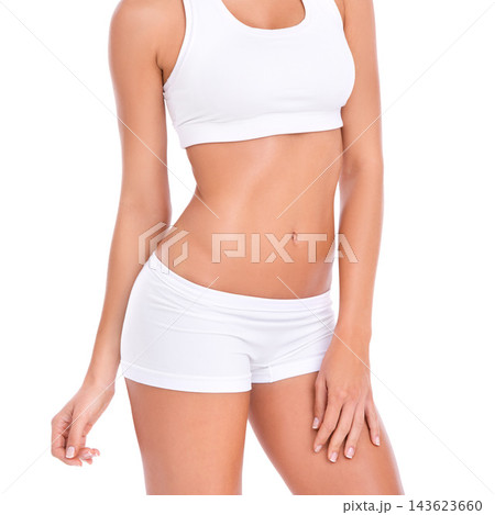 Body, stomach and woman in underwear for fitness, health and wellness with benefits in studio. Diet, exercise and girl in sportswear for self care, weight loss and results on white background. 143623660