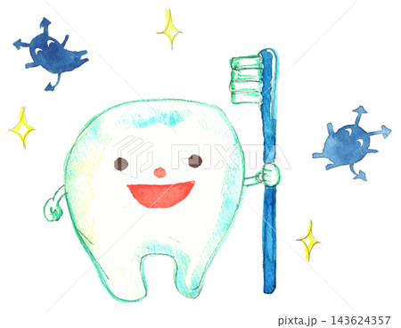 歯ブラシを持つ歯のキャラクターのイラスト 143624357