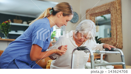Nurse, senior woman and walking frame with balance, recovery and mobility exercise in house. Elderly patient, steps and rehabilitation for injury, stroke or osteoporosis with healing in nursing home Nurse, senior woman and walking frame with balance, recovery and mobility exercise in house. Elderly patient, steps and rehabilitation for injury, stroke or osteoporosis with healing in nursing home 143624708
