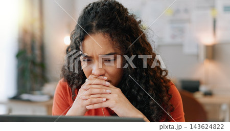 Reading, woman and laptop at desk with stress, deadline and bad news in office. Female journalist, worry and frustrated at computer for review, article and anxiety in modern workplace in city Reading, woman and laptop at desk with stress, deadline and bad news in office. Female journalist, worry and frustrated at computer for review, article and anxiety in modern workplace in city 143624822
