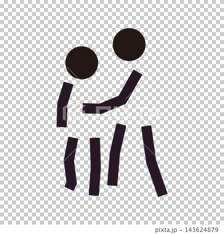 A simple pictogram showing an assistant supporting an elderly person walking. A simple pictogram showing an assistant supporting an elderly person walking. 143624879