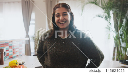 Portrait, smile and girl in kitchen, morning and ready for cooking of breakfast, vegetables and house. Home, confident and face of woman, happiness and ingredients for food, meal prep and apartment Portrait, smile and girl in kitchen, morning and ready for cooking of breakfast, vegetables and house. Home, confident and face of woman, happiness and ingredients for food, meal prep and apartment 143625023