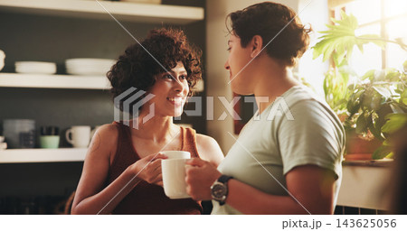 Women, couple and gay in kitchen with coffee on morning for breakfast, relax and enjoy. Support, care and happy or conversation with cup of tea to chill, fun and bonding for relationship and home 143625056