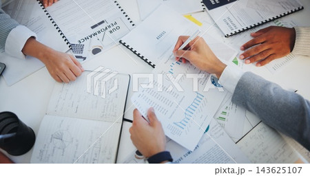 Hands, business people and group with documents, above and circle with writing, graphs or notes for finance. Staff, audit and performance review for stats, charts or notebook with paperwork in office 143625107
