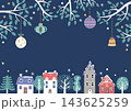 クリスマスに雪が降る街とオーナメントのイラスト 143625259