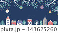 クリスマスに雪が降る街とオーナメントのイラスト 143625260