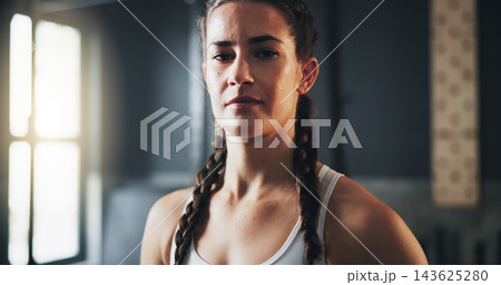 Woman, portrait and ready for training as athlete in fitness center for challenge in sports or wellness. Female person, strong and serious with pride for performance in gym, confidence or health Woman, portrait and ready for training as athlete in fitness center for challenge in sports or wellness. Female person, strong and serious with pride for performance in gym, confidence or health 143625280
