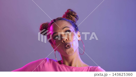 Woman pout and fashion with makeup in studio, thinking and lipstick for cosmetic change by purple background. Girl, person and lips for kiss sign, emoji and symbol for kindness, flirting or love 143625360
