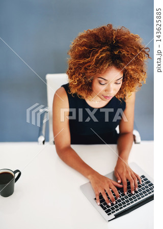 Business, keyboard and black woman with laptop, employee or research for article in modern office. African person, worker or agent with internet, pc or magazine editor with journalist or website info 143625885