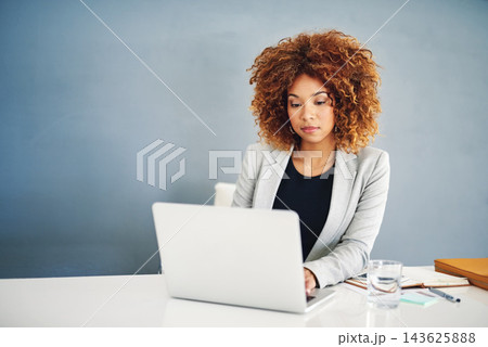 Business, thinking and black woman with laptop, journalist and consultant with website info in modern office. African person, mockup space and agent with internet, computer or connection for research Business, thinking and black woman with laptop, journalist and consultant with website info in modern office. African person, mockup space and agent with internet, computer or connection for research 143625888