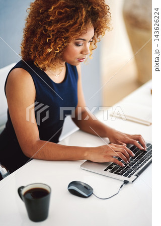 Business, typing and woman with coffee, laptop and research for online project manager, article or report at desk. Thinking, computer and consultant writing proposal, review or networking with email Business, typing and woman with coffee, laptop and research for online project manager, article or report at desk. Thinking, computer and consultant writing proposal, review or networking with email 143626224