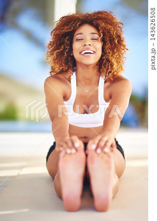 Feet, stretching and portrait of African woman with yoga mat for wellness, mindfulness and morning routine. Posture, flexibility and face of happy person with self care, peace or holistic healing Feet, stretching and portrait of African woman with yoga mat for wellness, mindfulness and morning routine. Posture, flexibility and face of happy person with self care, peace or holistic healing 143626508