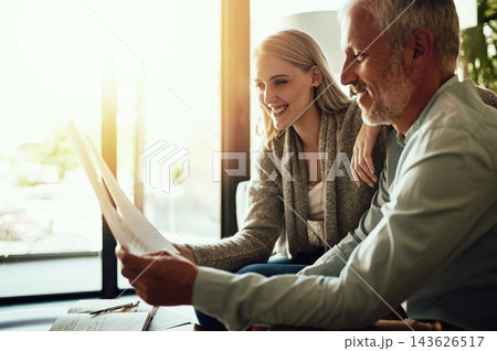 Happy couple, finance and insurance with documents for budget planning, bills or expenses on sofa at home. Man or woman with smile for paperwork, mortgage or financial freedom in living room at house Happy couple, finance and insurance with documents for budget planning, bills or expenses on sofa at home. Man or woman with smile for paperwork, mortgage or financial freedom in living room at house 143626517