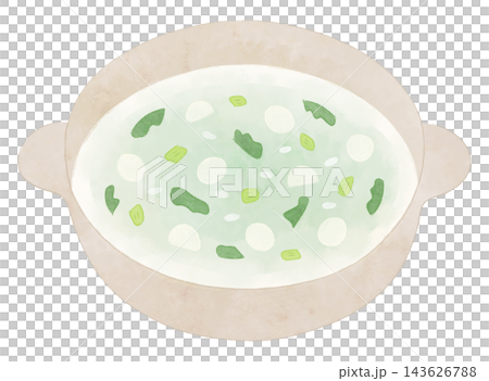 Watercolor-style illustration of nanakusa-gayu (seven-herb rice porridge) made in an earthenware pot. Watercolor-style illustration of nanakusa-gayu (seven-herb rice porridge) made in an earthenware pot. 143626788