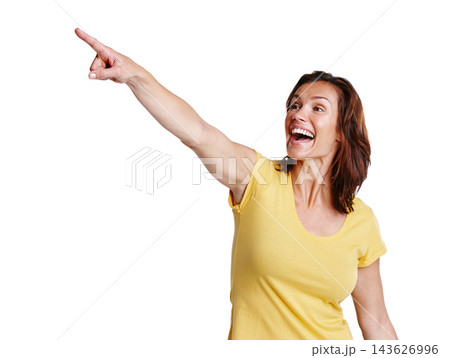 Happy, woman and pointing in studio with discount or promotion or product placement with pride. Excited, female person and deal with gesture by white background for information or advertisement 143626996