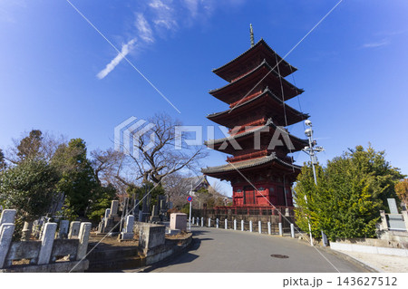 Pagoda of Ikegami Honmonji Temple with blue sky in Tokyo, Japan. 143627512