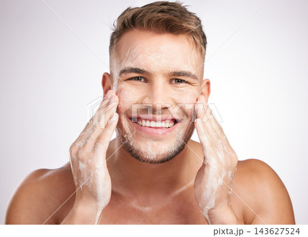 Man, skincare and cosmetic scrub for hygiene, anti aging and hydration for dermatology or wellness. Male person, beauty and results for face, cosmetology for self care in studio backdrop as routine 143627524