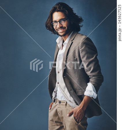 Business, man and portrait with glasses in studio for fashion or corporate career with executive look for manager roll or supervisor. Face, trendy and stylish on black background, happy and confident Business, man and portrait with glasses in studio for fashion or corporate career with executive look for manager roll or supervisor. Face, trendy and stylish on black background, happy and confident 143627525