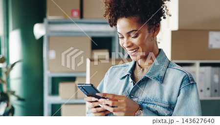 Small business, smile and woman with cellphone, retail and boxes for ecommerce, notification and shipping. Entrepreneur, owner and girl with mobile, logistics and communication for sales in warehouse 143627640