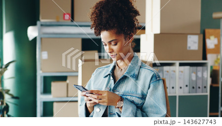 Business, boxes or woman with smartphone, typing or social media for startup, logistics order or industry. Person, entrepreneur or employee with package, cellphone or connection with inventory or app 143627743