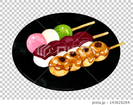 お皿に乗った三種類の串団子 手描き水彩イラスト素材 お皿に乗った三種類の串団子 手描き水彩イラスト素材 143628264
