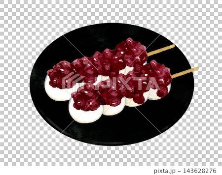 手繪水彩插圖,描繪了盤子上串著甜紅豆沙的糯米團子(an-dango)。 手繪水彩插圖,描繪了盤子上串著甜紅豆沙的糯米團子(an-dango)。 143628276