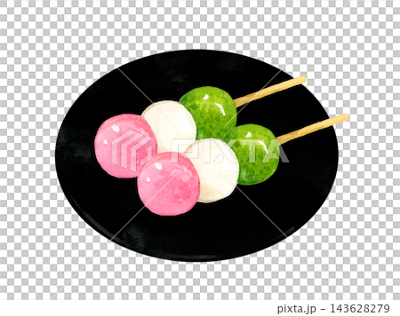 お皿に乗った花見団子(三色だんご) 手描き水彩イラスト素材 お皿に乗った花見団子(三色だんご) 手描き水彩イラスト素材 143628279