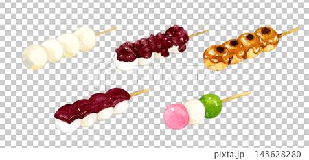 A set of various types of skewered rice dumplings - hand-drawn watercolor illustration material A set of various types of skewered rice dumplings - hand-drawn watercolor illustration material 143628280