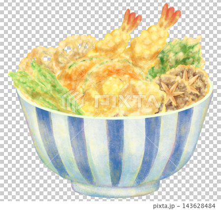 An illustration of a tempura rice bowl topped with various kinds of tempura. An illustration of a tempura rice bowl topped with various kinds of tempura. 143628484