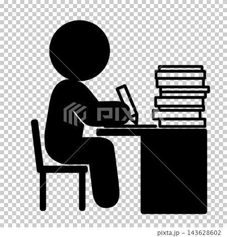 A pictogram of a person writing in a notebook surrounded by a large pile of documents. A pictogram of a person writing in a notebook surrounded by a large pile of documents. 143628602