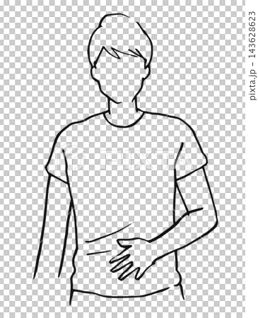 Simple illustration, line drawing: A man touching his stomach. 143628623