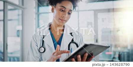 Woman, doctor and tablet in hospital office for Telehealth solution, online consultation and patient results from lab. Female medic, digital and research or review date by reading medical report Woman, doctor and tablet in hospital office for Telehealth solution, online consultation and patient results from lab. Female medic, digital and research or review date by reading medical report 143628790