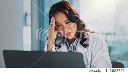 Headache, doctor or woman on laptop with stress in hospital clinic overwhelmed by emergency. Depression, sick and tired healthcare worker in office frustrated by migraine pain, anxiety or burnout 143628791