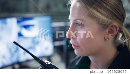 Communication, security and woman with radio, monitor and watch of cctv, danger and control room. Guard, transceiver and working for protection, safety and talking to backup, connection and officer 143628985