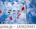 秋空と雲を背にした世界の国旗と日章旗【秋の運動会イメージ】 143629483
