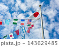 秋空と雲を背にした世界の国旗と日章旗【秋の運動会イメージ】 143629485