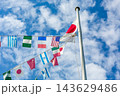 秋空と雲を背にした世界の国旗と日章旗【秋の運動会イメージ】 143629486