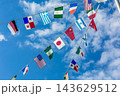 秋空と雲を背にした世界の国旗と日章旗【秋の運動会イメージ】 143629512