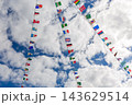 秋空と雲を背にした世界の国旗と日章旗【秋の運動会イメージ】 143629514