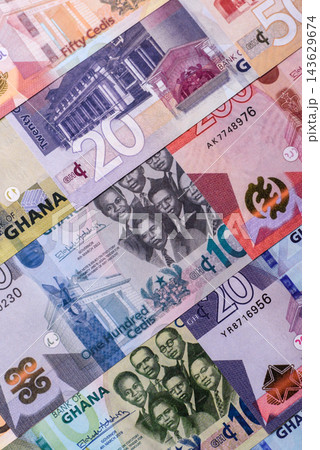 Ghana, Ghanaian paper money, cedi banknotes as currency for exchange or travel. Ghana money 143629674