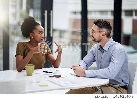 Businesspeople, discussion and meeting for collaboration, feedback or brainstorming as coworkers. Team, talking and planning for company, workplace or project in startup with together as professional 143629675