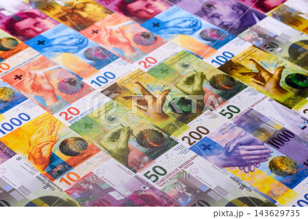 Switzerland, Swiss paper money, franc banknotes and rappen coins as currency for exchange or travel Switzerland, Swiss paper money, franc banknotes and rappen coins as currency for exchange or travel 143629735