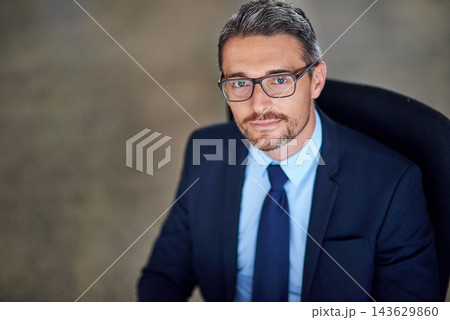 Office, portrait and businessman in chair, glasses and opportunity at law firm on high angle. Lawyer, attorney or mature man with professional pride, about us or consultant at legal advisor at agency 143629860