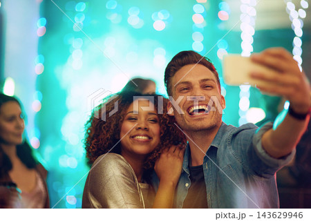 Couple, happy and selfie for picture at party of celebration, nightclub event or fun memory at disco together. Smile, man and woman in relationship at rave festival for social media post on weekend 143629946