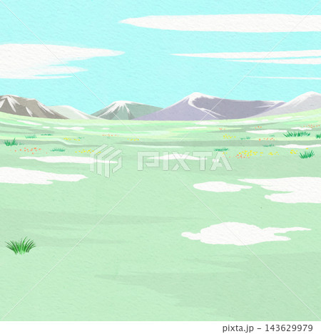 淡い緑の大地と遠くの山々が広がる草原風景イラスト ベクター 143629979