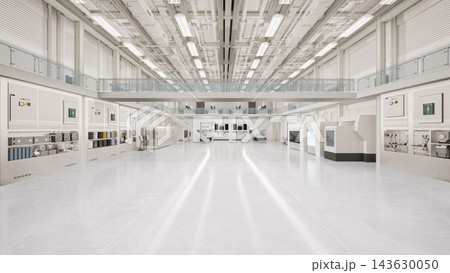 White futuristic laboratory interior or manufacturing factory with electric machine and server White futuristic laboratory interior or manufacturing factory with electric machine and server 143630050