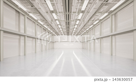 White empty factory interior fully enclosed with ceiling lights 143630057