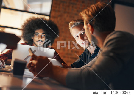 Night, teamwork and deadline for project, talking and brainstorming for research, accountant and data in tablet. Boardroom, dark and group in corporate, together and auditor for finance of company 143630068
