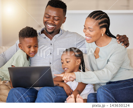 Black family, laptop and kids on sofa for video, together and streaming on internet for love or care. Man, woman and children with computer for film, movies or games on lounge couch for holiday Black family, laptop and kids on sofa for video, together and streaming on internet for love or care. Man, woman and children with computer for film, movies or games on lounge couch for holiday 143630124